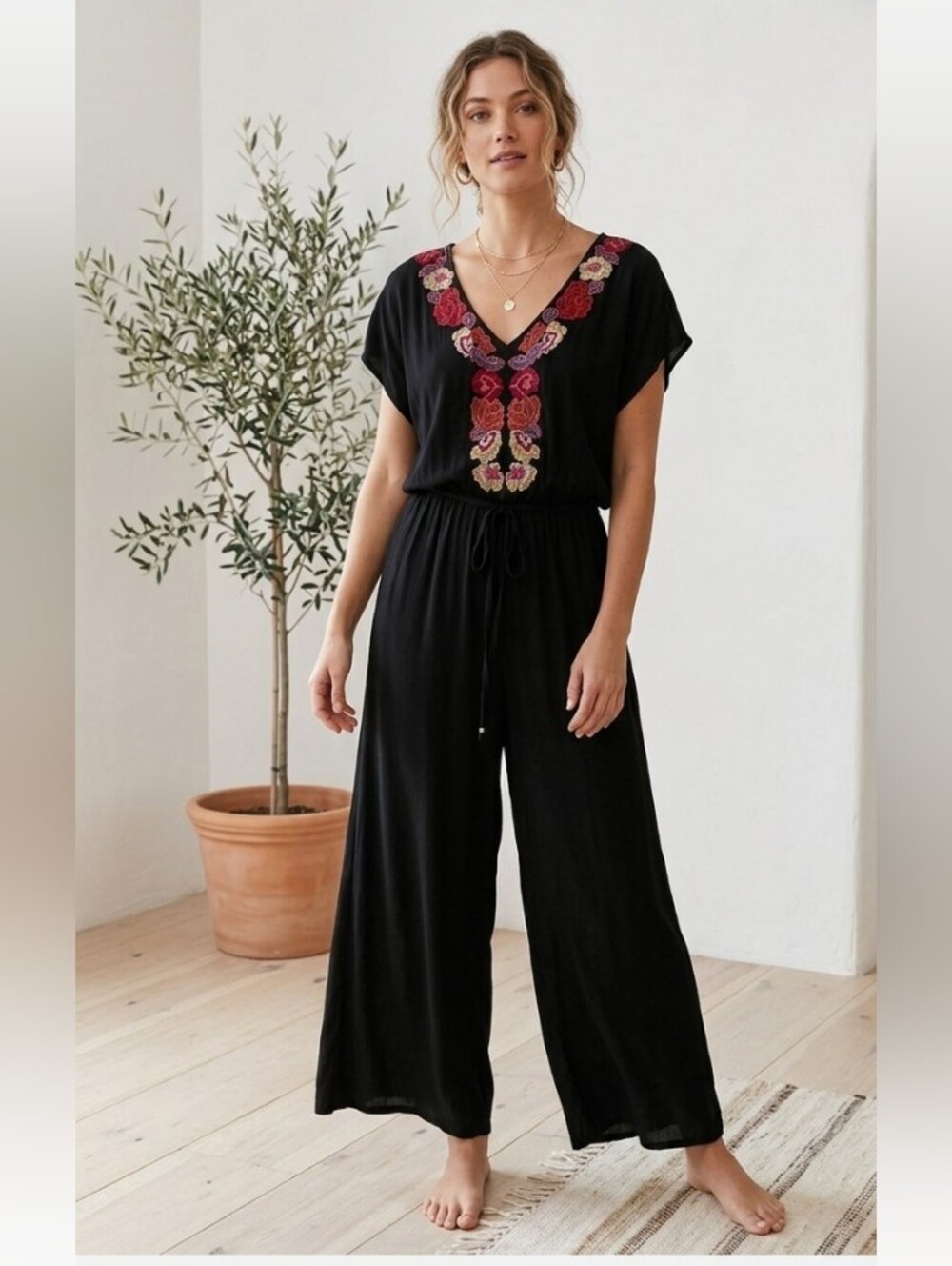 Miami jumpsuit embroidered wide leg v neck size s